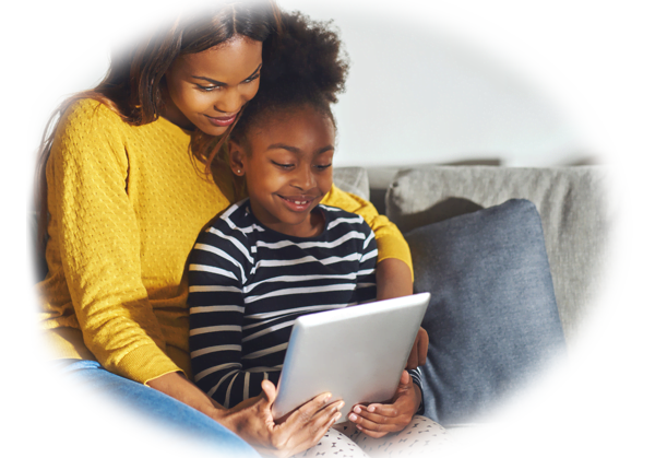 iWhoopConnect homepage. Mother and Daughter playing with free government tablet. Apply with Whoop. Connect.